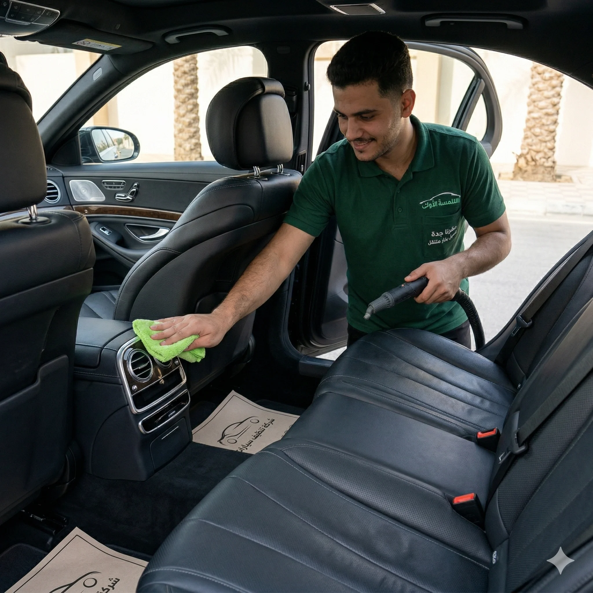 عامل مغسلة اللمسة الأولى ينظف السيارة باستخدام البخار